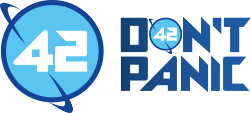 Logo 42 - planeet met 42 erin - rechts naast de tekst "don't panic"