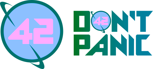 Logo 42 - planeet met 42 erin - rechts naast de tekst "don't panic"